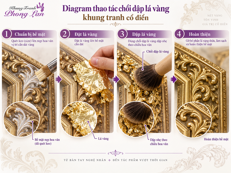 Diagram thao tác chổi dập dán lá vàng lên khung tranh cổ điển