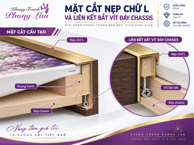 Infographic mặt cắt nẹp chữ L và liên kết bắt vít đáy chassis cho khung tranh treo tường