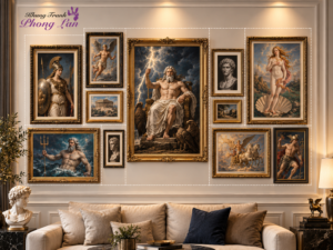 Bố cục gallery wall so le chuẩn khoảng cách 5cm của các bộ khung ảnh treo tường tại Khung Tranh Phong Lan