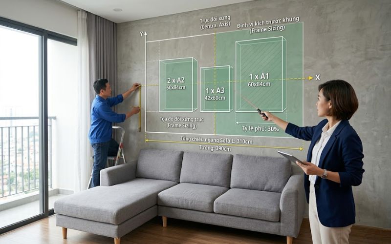 kích thước khung tranh treo sofa góc chữ L chuẩn