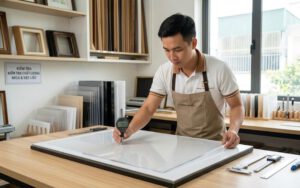 kỹ sư đo đạc độ phẳng mặt mica của khung tranh a2