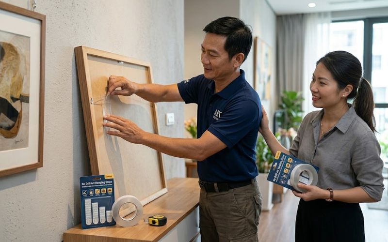 Kỹ thuật ứng dụng cách treo khung tranh bằng băng keo