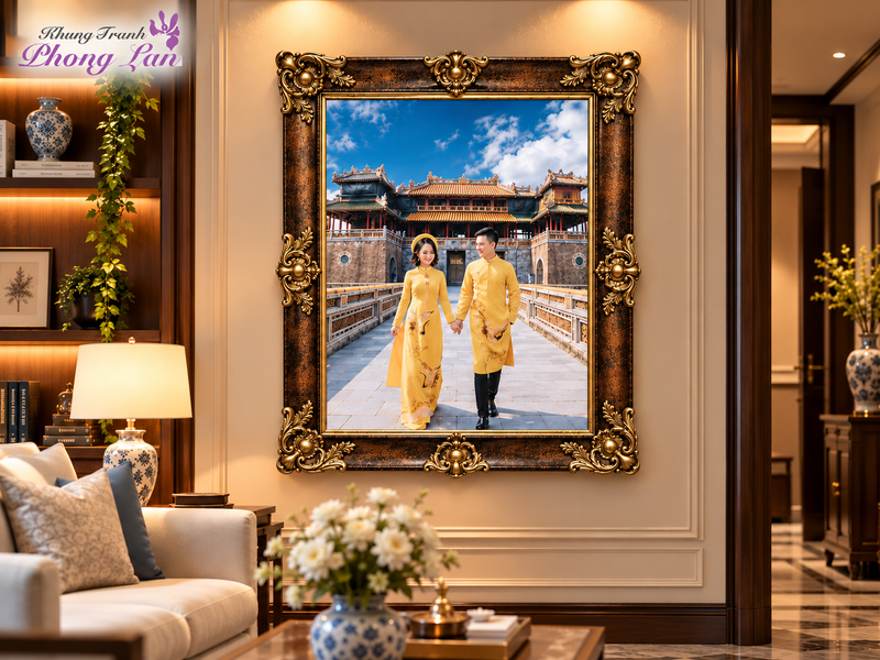 Bộ khung ảnh cưới treo tường gallery phòng khách sang trọng